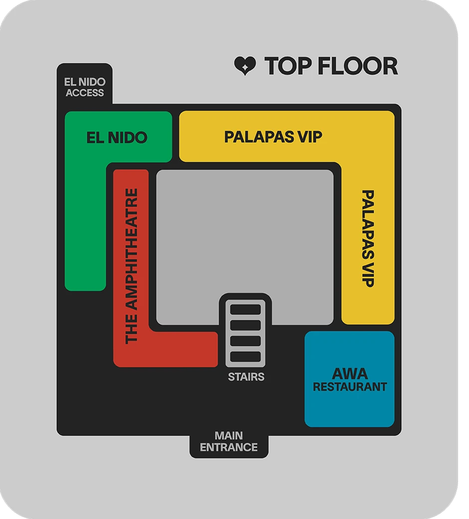 Top floor plan of Papagayo Tenerife: main entrance, stairs down to the main floor, the Amphitheatre, the Palapas VIP running along one side, AWA restaurant and the separate access to El Nido.