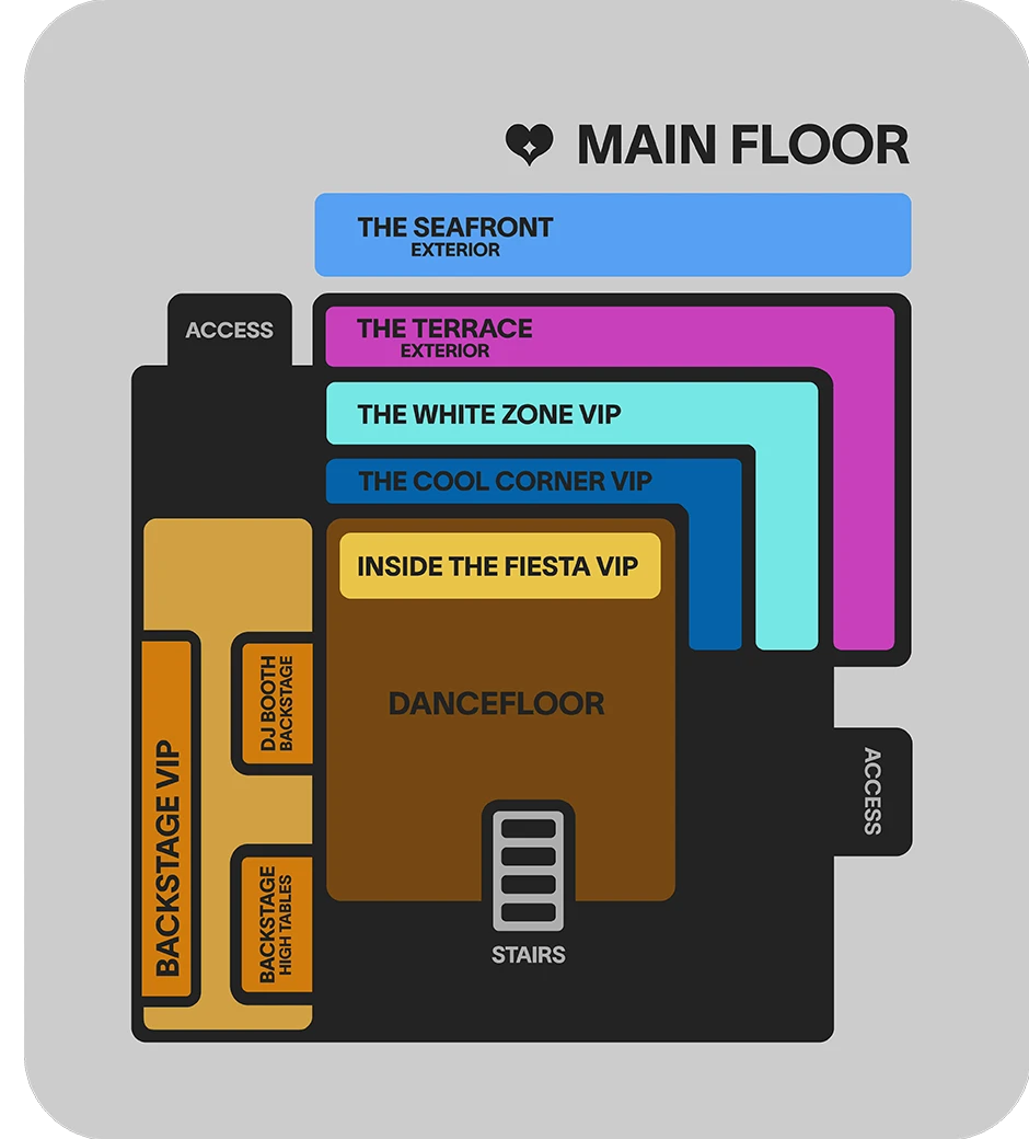 Main floor plan of Papagayo Tenerife: the dancefloor in the middle with the DJ booth and the Backstage VIP area beside it, and Inside the Fiesta, The Cool Corner and The White Zone wrapping around it, with The Terrace and The Seafront outdoors.